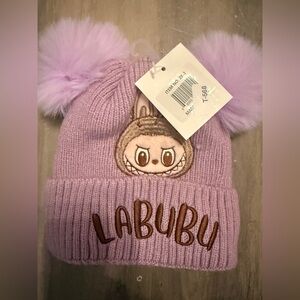 NWT Labubu Monster Youth Knit Beanie Hat With Two Pompoms Fleece Lined Pink
